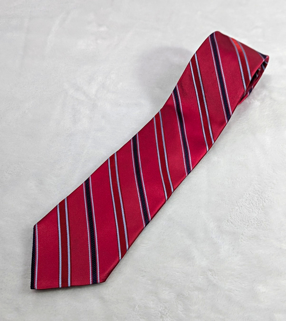 VTG Roundtree & Yorke Collegiate Silk Tie Red Navy Grey Striped Repp Necktie